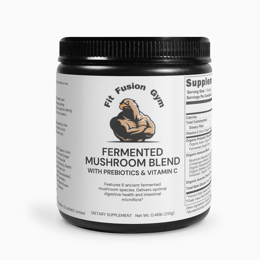 fermented mushroom blend with prebiotics and vitamin c for and optimal digestive health and intestinal microflora, supplement container 