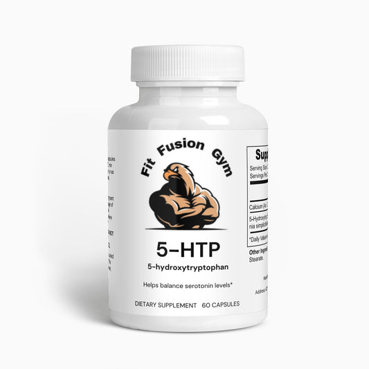 5-HTP supplement container with fit fusion gym logo 